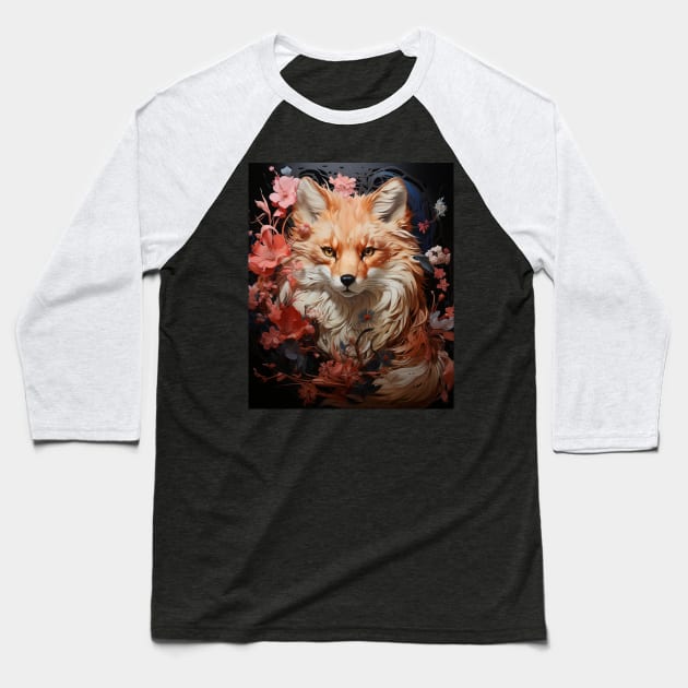 Kitsune Fox Japanese Nine Tailed Fox Cherry Blossom Flowers Baseball T-Shirt by Spit in my face PODCAST